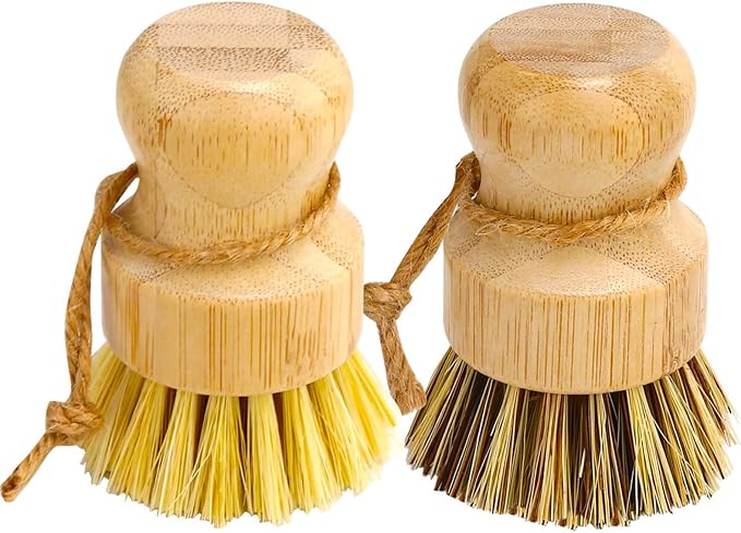 Bamboo Dish Brush Set, 2 Pcs Palm Wooden Dish Scrubber Brush, Dish Brushes, Durable Wood Dishes Scrub Brush, Natural Round Vegetable Cleaning Pots Pans Sink Washing Kitchen Brush