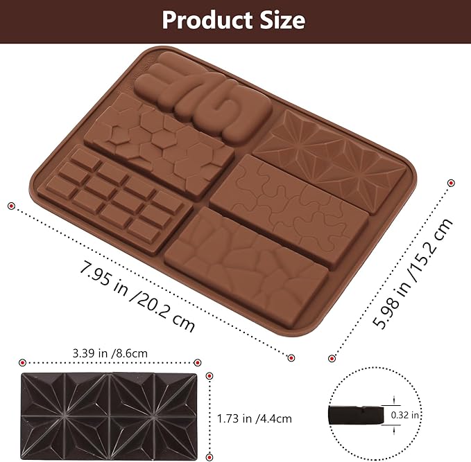 Chocolate Bar Mold Silicone with 6 Pattern, 2 Pcs 0.3-Inch-Deep Break-Apart Chocolate Molds for Homemade Protein and Energy Bar, Small Silicone Molds for Wax Melts/Candle/Resin, Jigsaw Shape