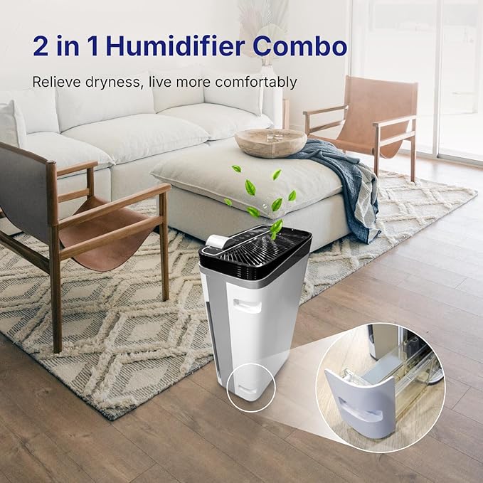 RIA BreezeGuard Smart Air Purifier and Humidifier Combo for Large Rooms & Home up to 2500 SqFt - 2 in 1 HEPA Air Cleaner and Humidifier w/App Control, PM2.5 Sensor, for Pets, Allergies, Smoke, Dust