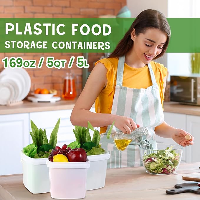 Mifoci 24 Pcs 5 Qt/ 169 Oz/ 5 L Plastic Food Containers, 1.24 Gallon Ice Cream Buckets with Lids and Handle Reusable Square Deli Containers Freezer and Microwave Safe for Kitchen Food Drinks Storage