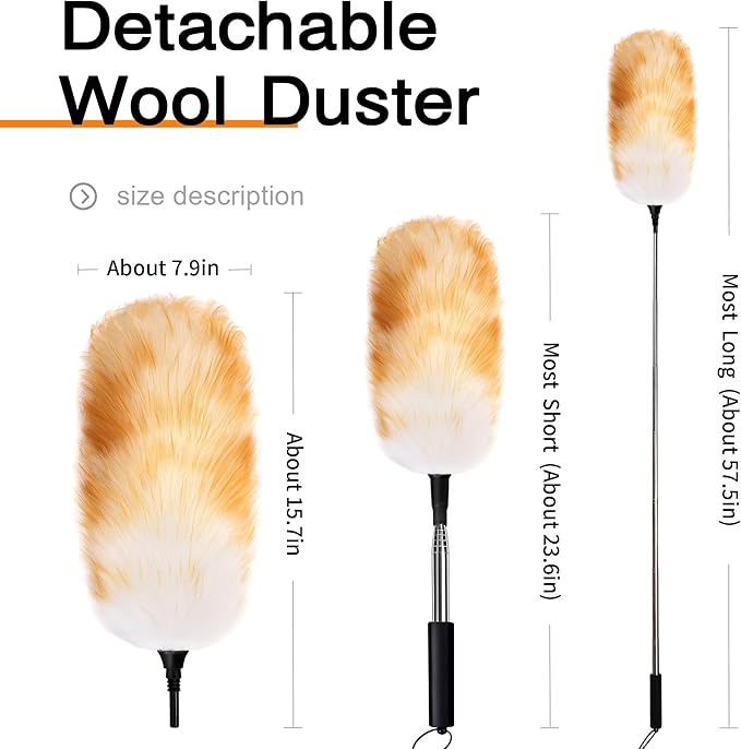 Lambswool Feather Duster with Extension Pole up to 63inch,Extendable Feather Duster Used for Cleaning High Ceiling Fan, High Ceilings,Furniture,Hard to Reach Areas