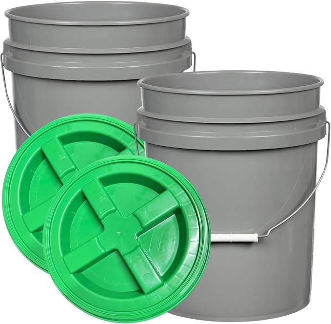 House Naturals 5 Gallon Food Grade BPA Free Made in USA Pails Gray Bucket with Screw On Air Tight Lid (2, Gray with Green lids)
