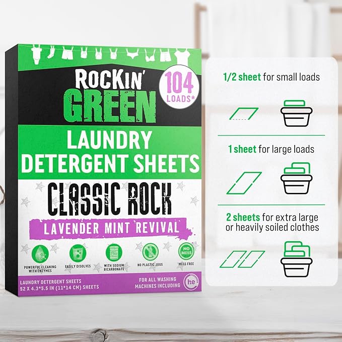 Rockin' Green Travel Laundry Detergent Sheets - Mess-Free Laundry Sheets Detergent Powerful Cleaning with Sodium Bicarbonate - Easily Dissolvable Laundry Soap Sheet (104 Loads, Lavender Mint Revival)