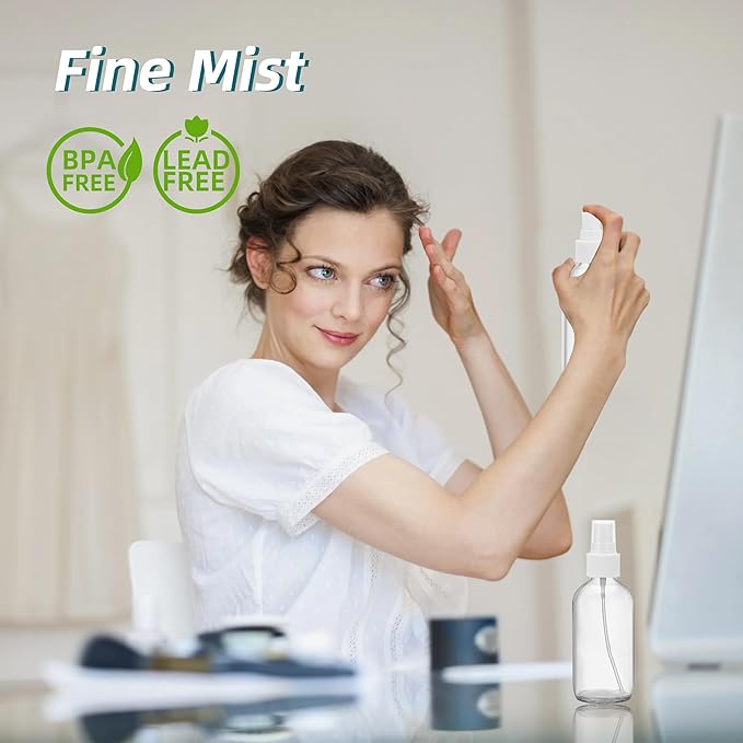 Clear Glass Spray Bottles 4 oz, Small Empty Spray Bottles for Essential Oils, Fine Mist for Face, Hair, Plants, Travel, Perfumes, Cleaning Solutions - 4 Pack