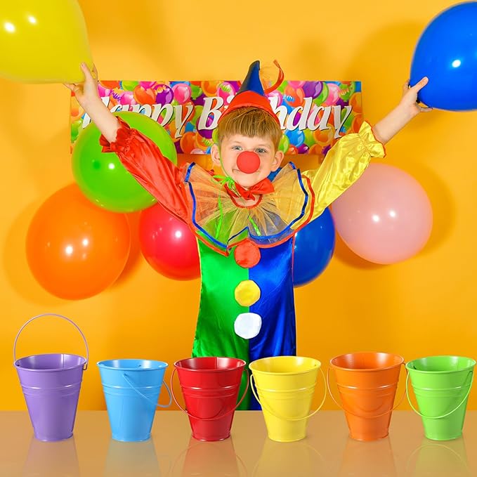 Sadnyy 6 Pack Galvanized Bucket, 5" Metal Bucket with Handles, Metal Buckets and Pails, Kids Party Supplies, Toy Container Table Centerpiece Decoration(Red, Orange, Yellow, Green, Blue, Purple)