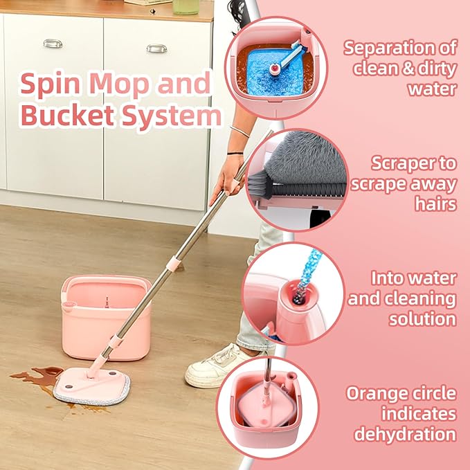 Spin Mop and Bucket Set with Self - Separating Dirty and Clean Water System, Self - Wringing, 360° Rotating Clean Mop - Head for Hardwood, Tile and Marble Floors with 6 Pads - Pink