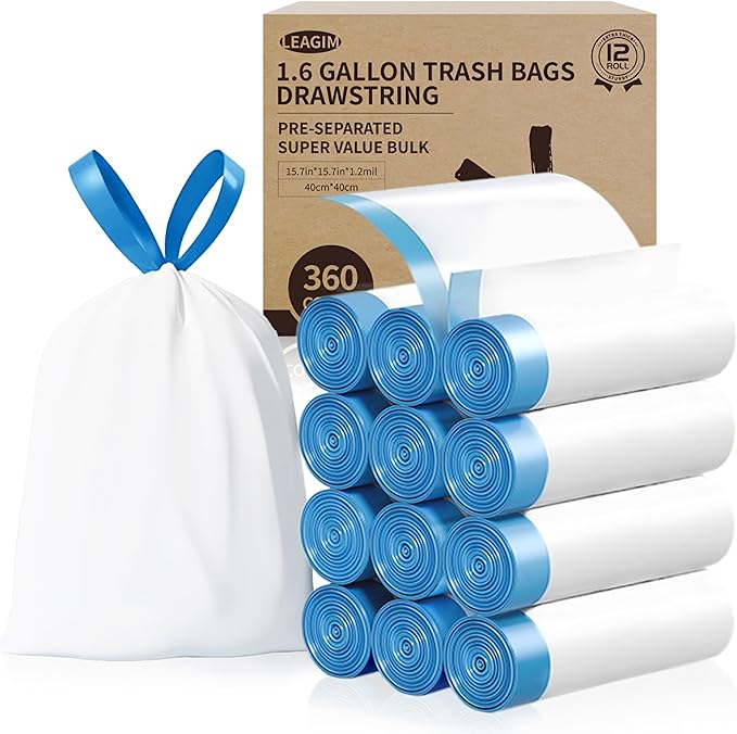 Small Trash Bags 1.6 Gallon, 360 Count -1.2 Mil Drawstring Mini Garbage Bags, White Plastic Trash Can Liners for Bathroom Accessories, 6 Liter, Bedroom, Dorm Room Essentials, Office