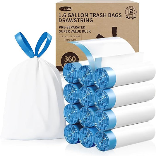 Small Trash Bags 1.6 Gallon, 360 Count -1.2 Mil Drawstring Mini Garbage Bags, White Plastic Trash Can Liners for Bathroom Accessories, 6 Liter, Bedroom, Dorm Room Essentials, Office