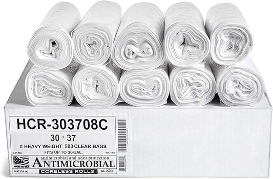 Aluf Plastics High Density Trash Bags, 30 Gallon, 500 Count, 8 Micron (eq), 30" x 37", Clear, for Bathroom, Office, Industrial, Commercial, Janitorial, Municipal, Recycling