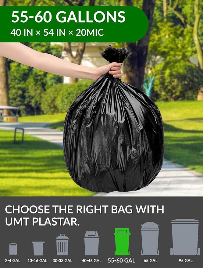 150 Count Heavy Duty Black Trash Bags, 55-60 Gallon, 40x54 Inches, 20 Micron Thick Large Garbage Bags