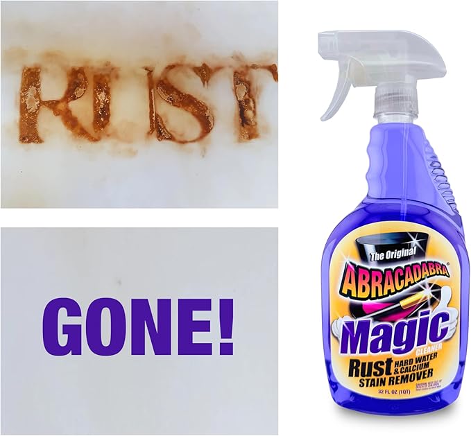 Abracadabra® Magic Rust Remover 32oz – Rust Stain, Hard Water & Calcium Remover for Concrete, Fiberglass, Glass, fabrics, Vinyl, Metals, Carpet & More – Fast & Powerful Cleaning for Home & Outdoor Use