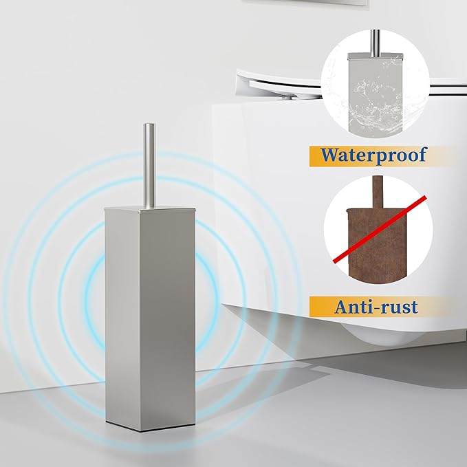 RUACQ Toilet Brush and Holder Set 2pcs,Square Toilet Bowl Brush for Bathroom with 304 Stainless Steel Handle Toilet Cleaner Brush with Durable Scrubbing Bristles,Splash-Proof (Brushed Nickel)