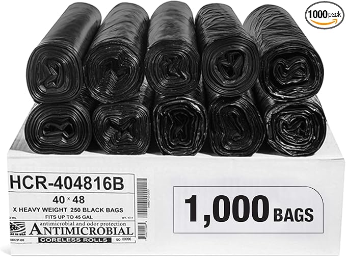 Aluf Plastics High Density Trash Bags, 45 Gallon, 1000 Count, 16 Micron (eq), 40" x 48", Black, for Bathroom, Office, Industrial, Commercial, Janitorial, Municipal, Recycling