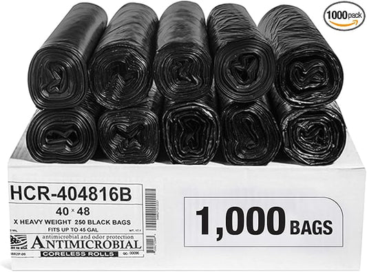 Aluf Plastics High Density Trash Bags, 45 Gallon, 1000 Count, 16 Micron (eq), 40" x 48", Black, for Bathroom, Office, Industrial, Commercial, Janitorial, Municipal, Recycling