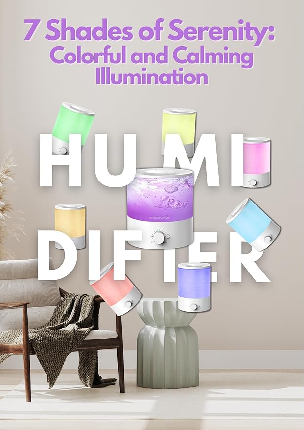 MEGAWISE Sleek 2L Humdifier for Bedroom, Baby,Plant, 24dB Cool Mist Ultrasonic humidifiers, Colorful Night Light, Top-Refill 1 Gal Essential Oil Diffuser, Auto Shut Off