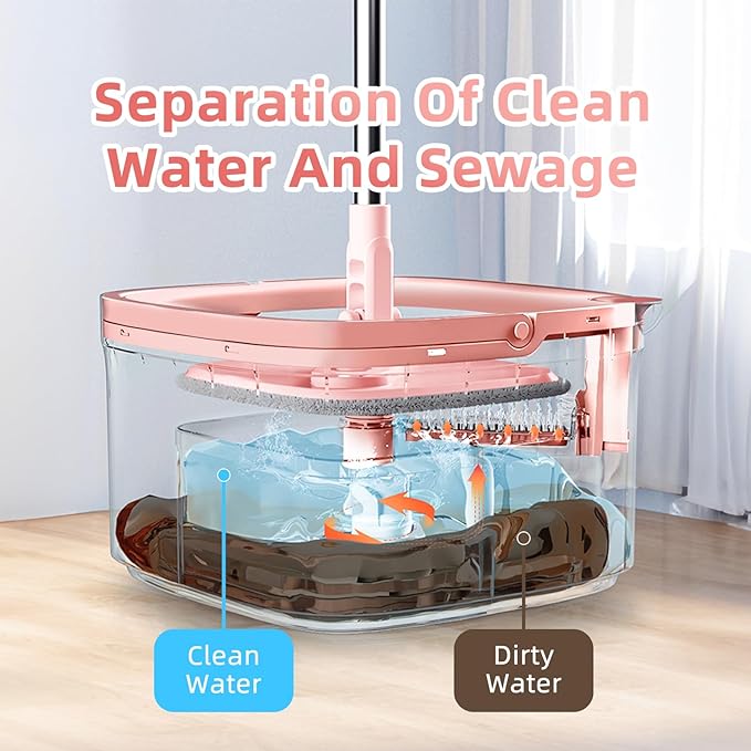 Spin Mop and Bucket Set with Self - Separating Dirty and Clean Water System, Self - Wringing, 360° Rotating Clean Mop - Head for Hardwood, Tile and Marble Floors with 6 Pads - Pink