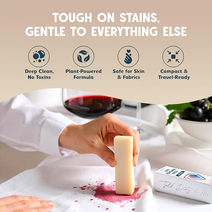 QLEAN Vegan Stain Remover Bar for Fabrics, Laundry Bar Soap for Clothes – Plant-Based, Travel-Friendly Stain Remover for Grease, Wine, Coffee, Grass & More – Non-Toxic & Safe for Delicates (1)