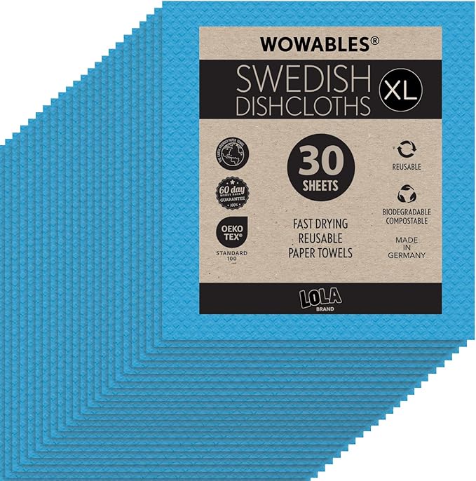 LOLA Wowables XL Swedish Dishcloths, 30 Reusable Eco Cleaning Cloths, 11" x 10", Ultra Absorbent Cellulose Sponge Towel, Compostable, Made in Germany