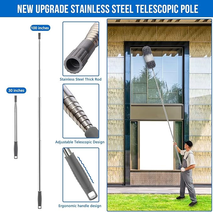 Microfiber Feather Duster 5-in-1 Kit for Dusting and Cleaning – 30–100" Extension Pole, Anti-Slip Grip, Bendable Washable Heads for Ceiling Fan, Furniture, Car (Blue)