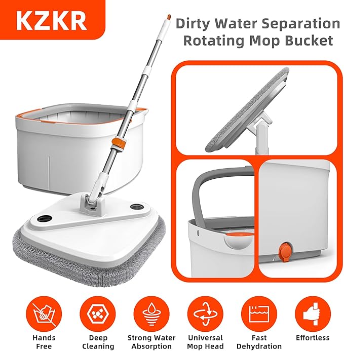 KZKR Spin Mop and Bucket Set with Self Separation Dirty and Clean Water System, Self Wringing 360° Rotating Square Mop Head for Home Floors Cleaning (1.0 Mop and Bucket Set (8 Pads))