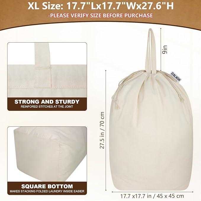 Canvas Laundry Bags 18x18in with Handles & Square Base, Extra Large Heavy Duty Laundry Basket Hamper Liner, Washable Drawstring Dirty Clothes Bag Canvas Storage Sack (Beige XL,1 Pack)