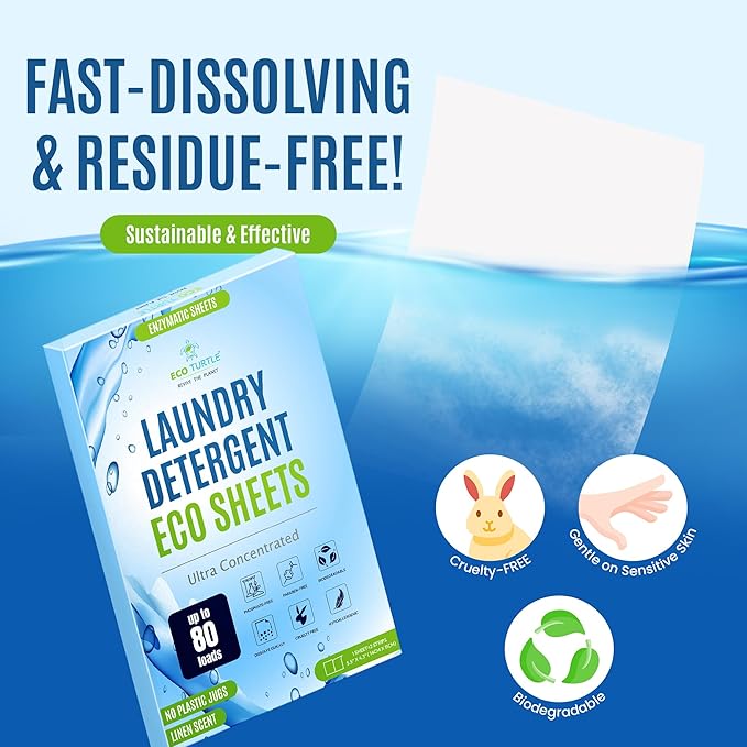 Eco-Friendly 80 Loads Ultra Concentrated Laundry Detergent Sheets Stain-Fighting Enzymes & Plant Powered, Washer Sheets, Space Saving, Travel Friendly for Hot/Cold Cycles, Tackles Tough Stains & Odors