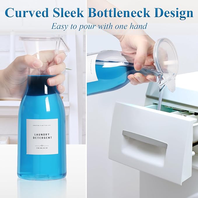 Laundry Detergent Dispenser Bottle 40oz with Waterproof Label for Laundry Detergent Soap Fabric Softener Bleach Scent Booster Beads, Sturdy PET Bottle for Laundry Room Decor 2 Pack White