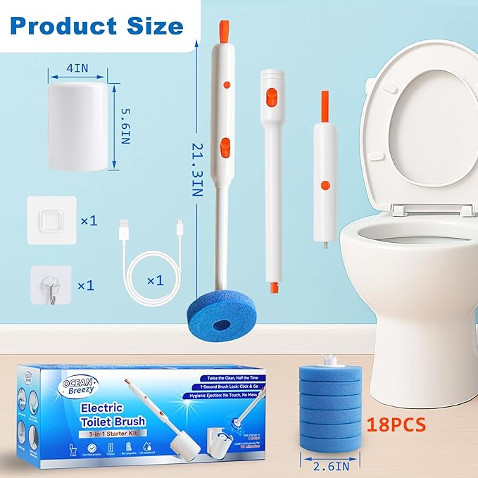 Electric Toilet Brush and Holder Set, 2025 New 4-in-1 Disposable Scrub Kit, 18 Refill Heads, 3-Speed Powerful Spinning, Rechargeable & Wall Mounted Toilet Cleaner Wand