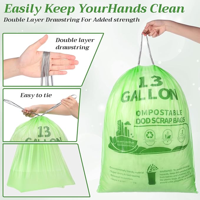 Amyhill 50 Count 13 Gallon Compostable Trash Bags Drawstring Heavy Duty Extra Thick 1.58 Mil 49.2 Liter Garbage Bags 13 Gallon Tall Kitchen Food Scrap Waste for Home Bathroom Garbage, Green