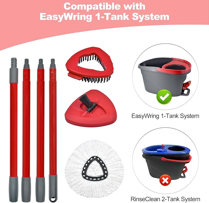 Spin Mop Heads Replacements for O Ceda EasyWring 1-Tank System, 3 Microfiber Mop Head Refills, 4-Section Iron Handle, 1 Base and 1 Scrub Brush Combo Set for Floor Cleaning