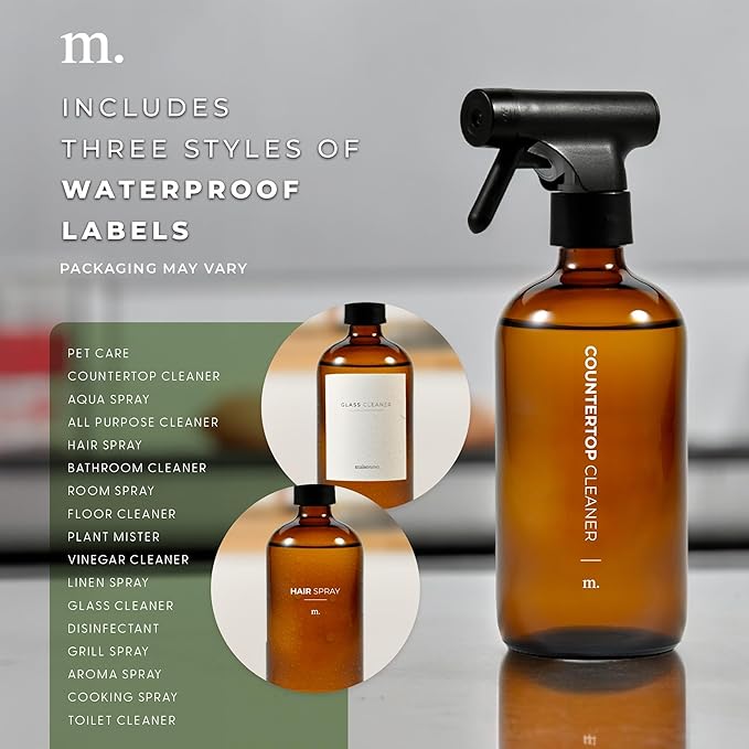 MaisoNovo Glass Spray Bottle - 16.9 fl oz Amber x 2 with 16 Labels