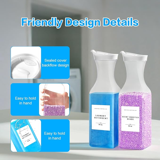 Laundry Detergent Dispenser Bottle 54oz with Waterproof Label for Laundry Detergent Soap Fabric Softener Bleach Scent Booster Beads, Sturdy PET Plastic Bottle for Laundry Room Decor 2 Pack White