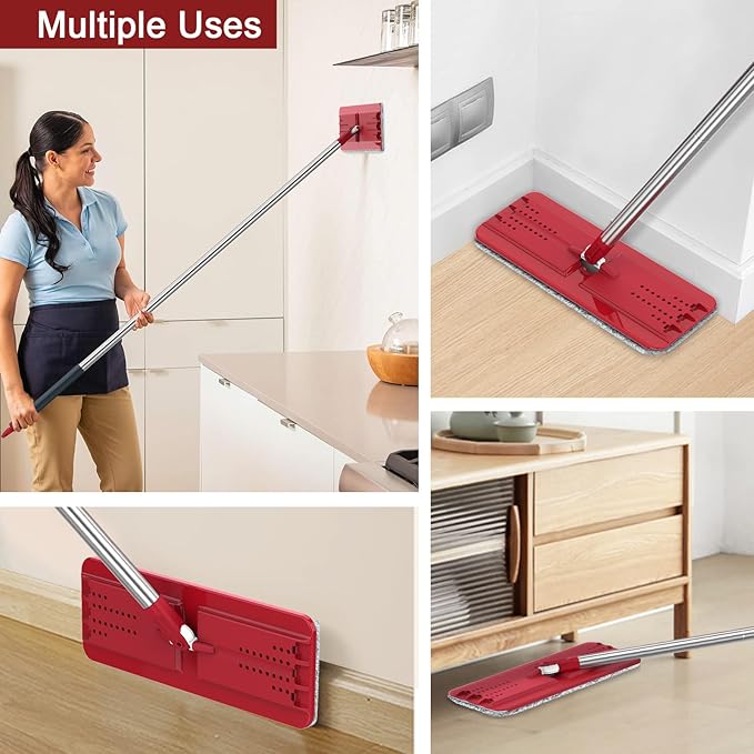 Hands-Free Mop and Bucket Set with 3 Washable Pads, Wet/Dry Floor Cleaning System, Red/Black