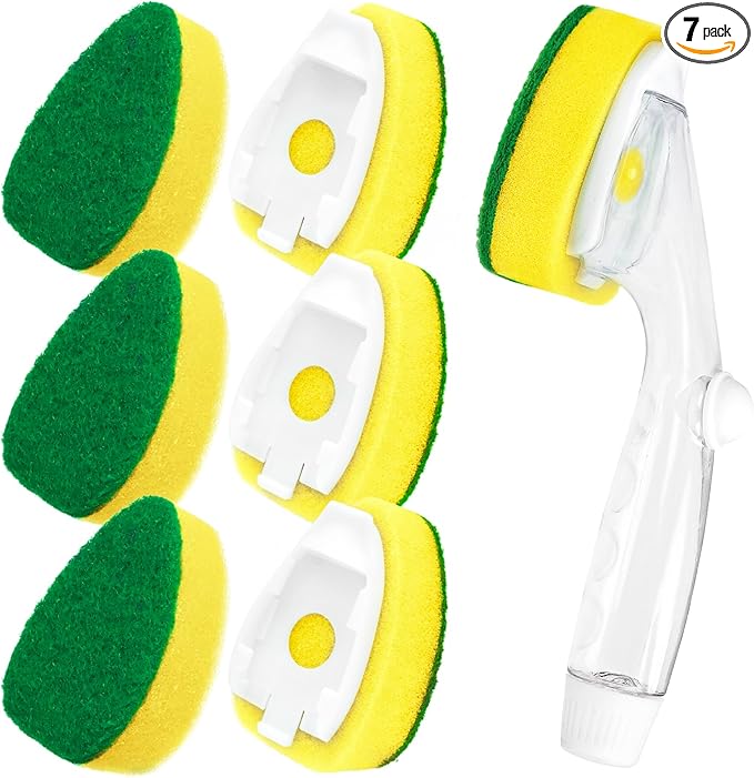 HELIME Heavy Duty Dish Wand Refills Kit with Handle, 6 Non Scratch Dishwand Refill Pack, Replacement Sponge Heads Set,Dishwashing Scrub Brush,Soap Control Dispenser Scrubbers, Dishwasher Cleaning Tool