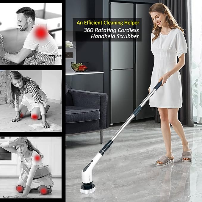 Electric Spin Scrubber, FARI Shower Cleaning Brush with 8 Replaceable Drill Brush Heads, Cordless Power Scrubber with Adjustable Handle Bathroom and Shower Cleaner