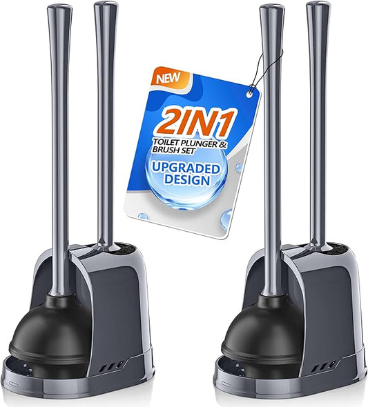 Toilet Plunger and Brush,2 Pack Bowl Brush and Heavy Duty Toilet Plunger Set with Ventilated Holder, 2-in-1 Toilet Brush and Plunger Combo for 5.3-inch Toilet DrainBathroom Cleaning