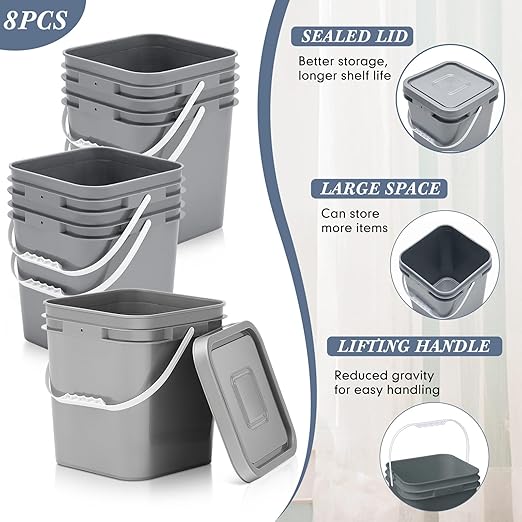 Mumufy 8 Pcs 3.5 Gallon Square Food Grade Bucket with Lid Square Bucket Pail with Plastic Handles for Storing Dry Food, Charcoal, Camping, Fishing (Gray)
