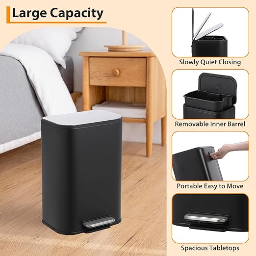 Stainless Steel Kitchen Trash Can 5.2 Gallon (20L) - Soft-Close Lid, Foot Pedal & Removable Inner Basket, Rectangular Step Bin for Office, Bedroom, Bathroom