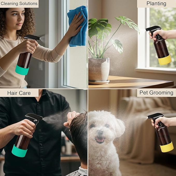 Glass Spray Bottles with Silicone Sleeve 16.9oz 2 Pack Empty Spray Bottle for Hair Mist/Stream Spraying for Cleaning Solutions, Plants, Essential Oils (Brown-green&yellow)