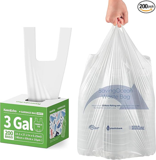 Small Trash Bags with Handles 3 Gallon 200 Count White - Ocean Plastic Upcycling - Plastic Garbage Bags, Can Bin & Waste Basket Liner for Kitchen, Bathroom, Office and Pets