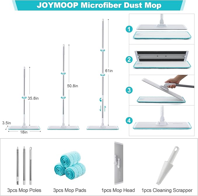 JOYMOOP 18 Inch Commercial Dust Mop for Hardwood Floors, Heavy Duty Industrial Wet Dry Mops with Telescopic Handle, Includes 3 Microfiber Mop Pads