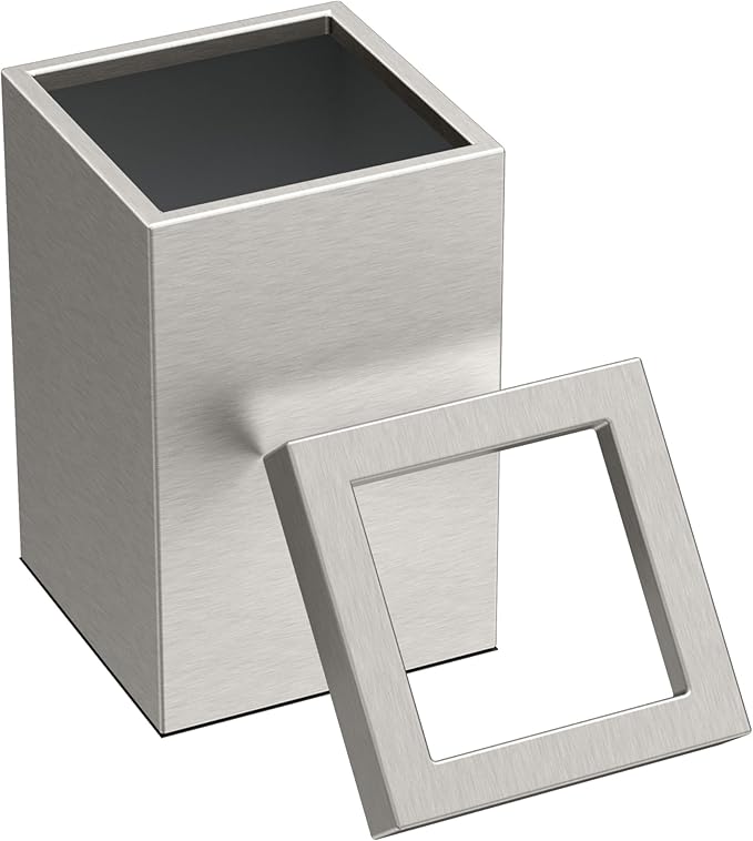 Gatco Modern Square Waste Basket and Toilet Brush Set, Satin Nickel - Stainless Steel Trash Can with Removable Lid, Leakproof, 3 Gallon Capacity for Bathroom, Bedroom, Kitchen, or Office