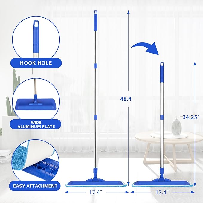 17.5" Professional Microfiber Floor Cleaning Mop, Flat Mop with Stainless Steel Handle, 2 Reusable Washable Pads, Wet and Dust Mopping for Hardwood, Vinyl, Laminate, Tile Cleaning (Blue)