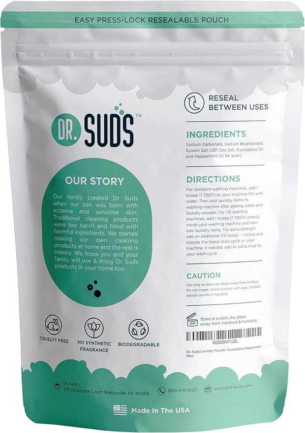 Dr Suds Natural Laundry Detergent Powder 4 Lbs 100+ Loads Scented with Eucalyptus and Peppermint Made with Natural Earth Ingredients Made in USA