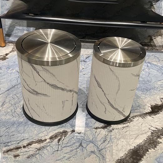 Bathroom Garbage can with lid，Small Trash Can with Flipping Lid, 4gallon,White and Silver Bathroom Trash can for Bedroom，Living Room,Hotel (15L-Ink Painting)