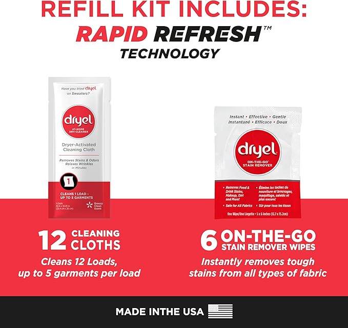 dryel At-Home Dry Cleaner Refill, New and Improved, Gentle Laundry Care for Special Fabrics and Dry-Clean-Only Clothes, 12 Loads with On-the-Go Stain Remover