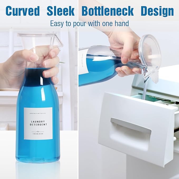 Laundry Detergent Dispenser Bottle 40oz with Waterproof Label for Laundry Detergent Soap Fabric Softener Bleach Scent Booster Beads, Sturdy PET Bottle for Laundry Room Decor 3 Pack