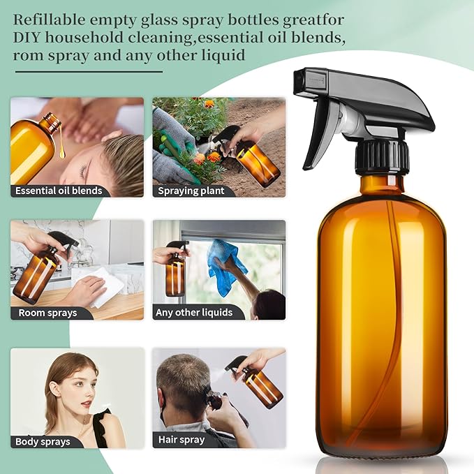 16oz Amber Glass Spray Bottles,6 Pack Glass Spray Bottles Refillable Empty Bottle with Adjustable Nozzle,Spray Bottle for Essential Oils,Cleaning,Pets,Hair Mister