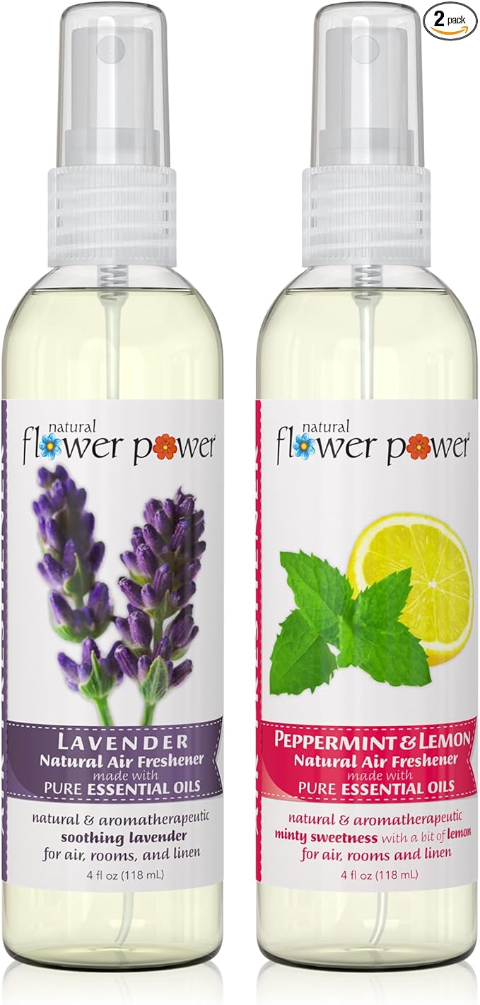 Natural Flower Power Air Freshener Spray - Odor Eliminator with Essential Oils for the Home, Car & Fabric - Cruelty Free & Vegan - Lavender + Peppermint & Lemon - 2 x 4 oz