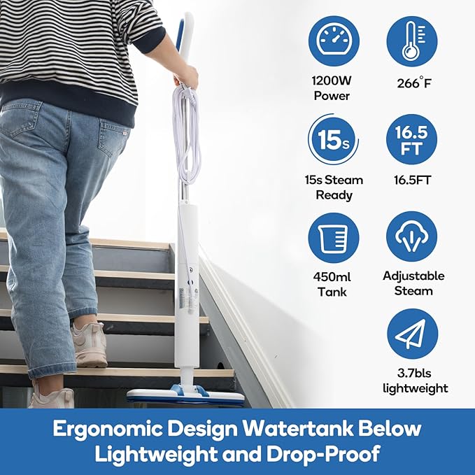 Steam Mop for Floor Cleaning,15-Second Setup,Chemical-Free Floor Cleaner for Hardwood,Laminate,Tile&Greasy Spots.Ergonomic Design with Hands-Free Standing,3 Steam Settings,Reusable Washable Pads
